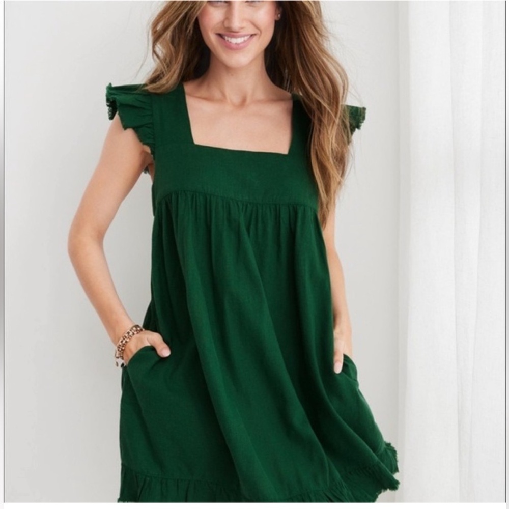 Square Neck Ruffle Sleeve Emerald Green Women's Dress